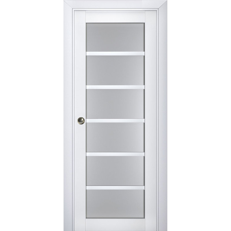 Porte coulissante à galandage avec vitrage dépoli | Veregio 7602 Blanc Soie | Ensemble de garnitures, rails et quincaillerie | Porte intérieure robuste en bois massif pour chambre à coucher - 107 cm x 203 cm