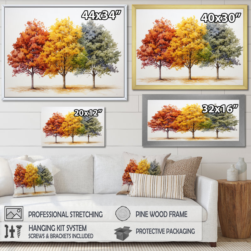 Tapisserie saisonnière orange sur érable jaune sur toile, H 30 po x l 40 po x P 1,5 po, Cadre flottant doré