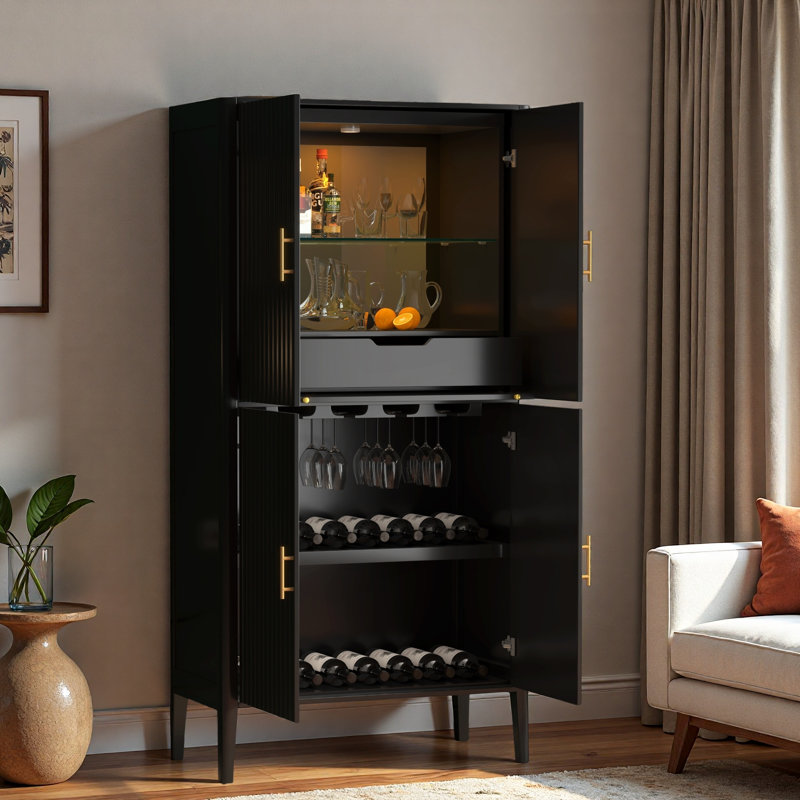 Modern Fluted Wine Cabinet With Glass Display, Stemware Rack, Drawer, Adjustable Shelves And Built-in Led Lighting, Black