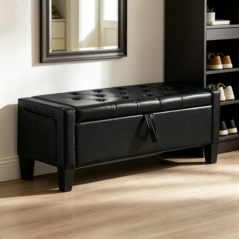 Banc de rangement rembourré en similicuir, Noir