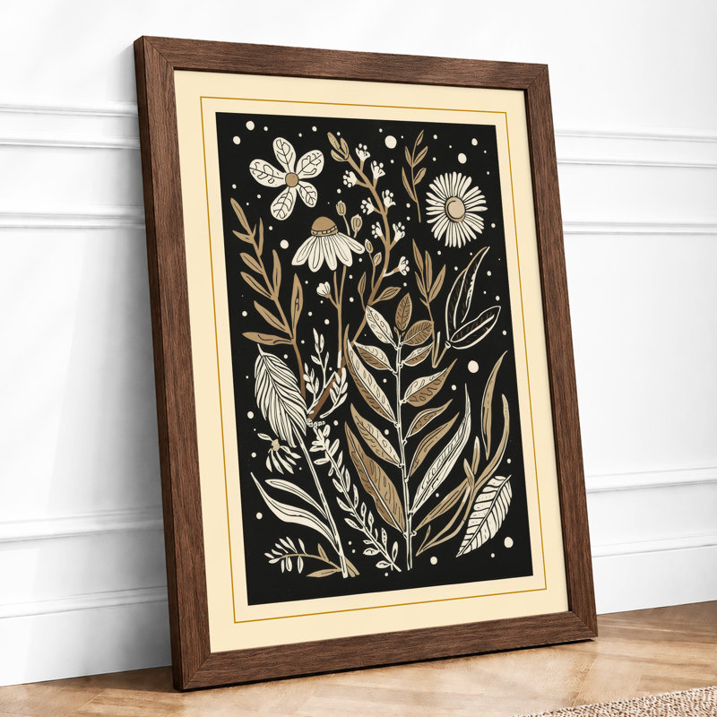 Linocut Garden Botanical - Framed Print, A2 - 59.4 x 42.0 cm, Walnut