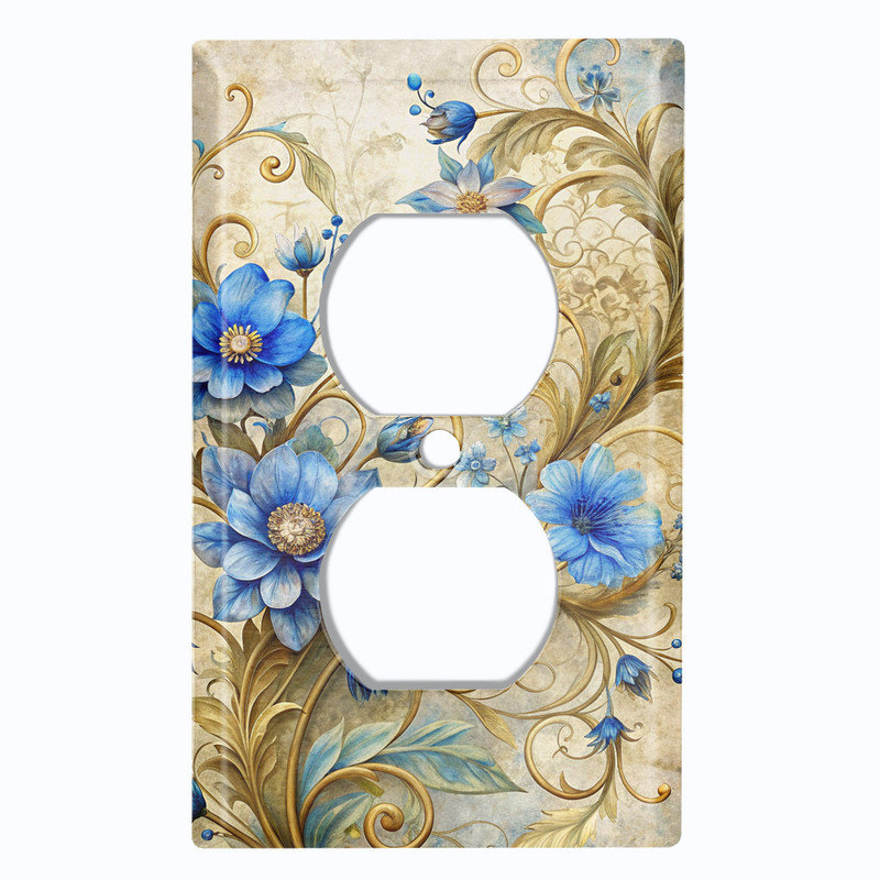 Couvercle de plaque d'interrupteur en métal; Rectangle 1 bande US standard - Fleurs bleues élégantes, Prise double # 8