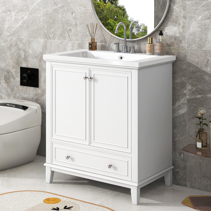 Meuble-lavabo blanc 30 po avec cadre solide et plateau en céramique, White