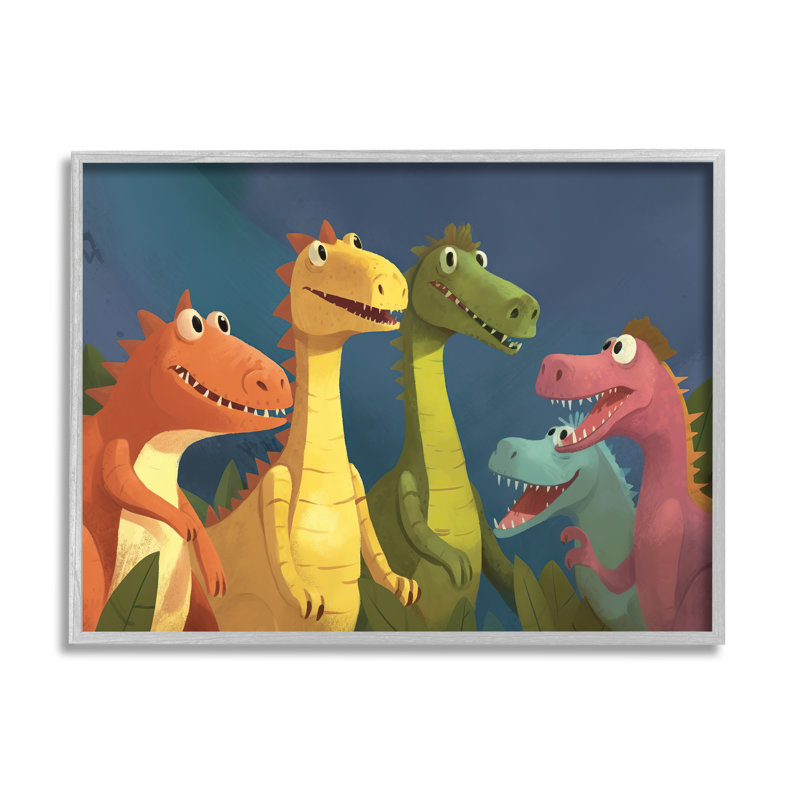 «Happy Dinosaur Friends on Wood» par Wumples, H 11 po x l 14 po x P 1,5 po, Estampe numérique Farmhouse