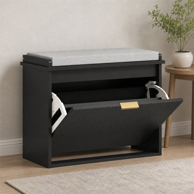Banc à langer noir avec tiroir rabattable et range-chaussures rembourré pour l'entrée du couloir