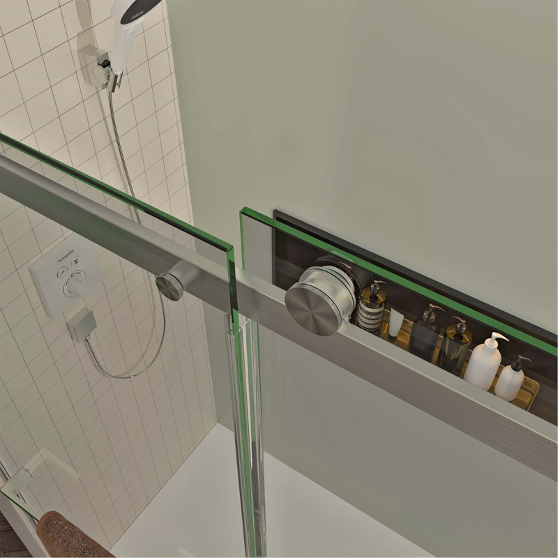 S-RM6076TN 56-60"W X 76"H Sliding Shower Door, Frameless Glass Shower Door With Brushed Nickel Hardware, Towel Bar And Handle,