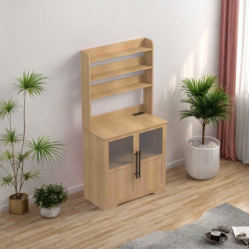 Étagère de boulanger avec prises de courant, petite armoire de cuisine autoportante avec portes, Naturel