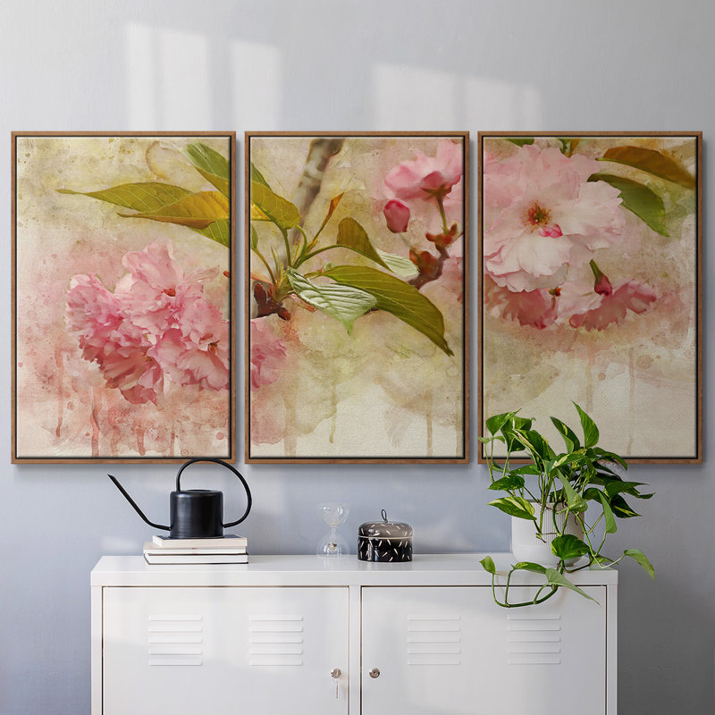 «Blossom Elegance II», reproduction de cadre flottant sur toile 3 pièces, H 36 po x l 75 po x P 2 po, Noyer
