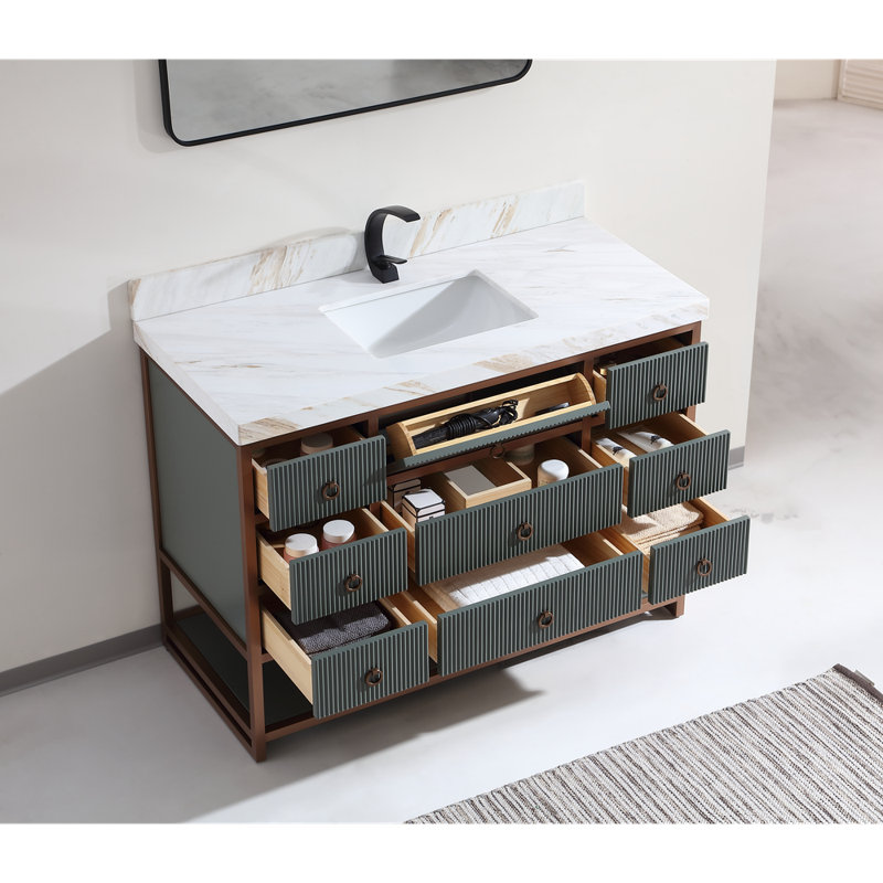 Meuble-lavabo 48 po avec cadre en acier inoxydable brossé doré et finition vert étain avec plateau en pierre naturelle de 2 po d'épaisseur