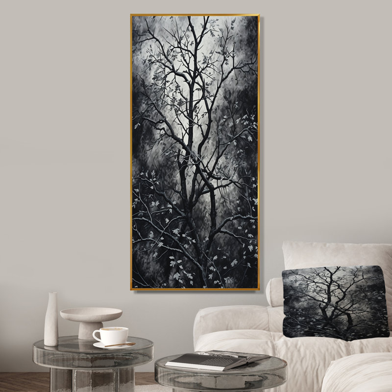 Arbre gothique gris la nuit II - arbre, art mural, Cadre flottant doré, H 20 po x l 12 po