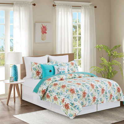 Paradise Teal/Orange Cotton Reversible Quilt Set