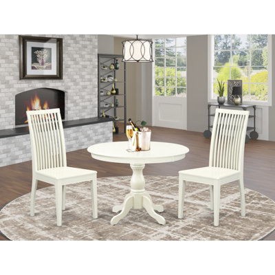 3 Piece Modern Dining Table Set Contains a Round Wooden Table with Pedestal and 2 Dining Chairs, 42x42 Inch, Linen White