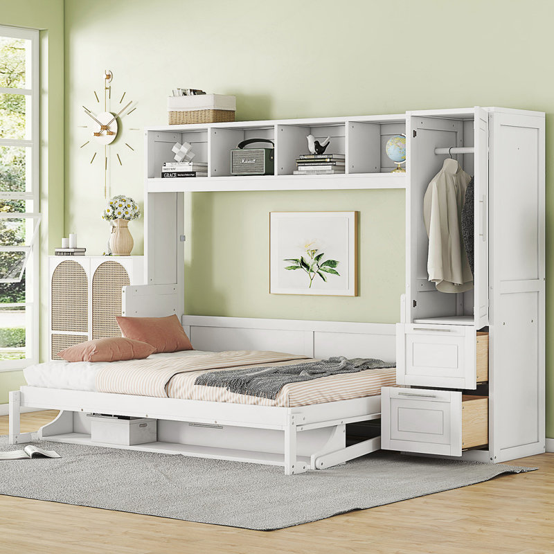 Lit escamotable Murphy avec placard et tiroirs, Blanc, Grand