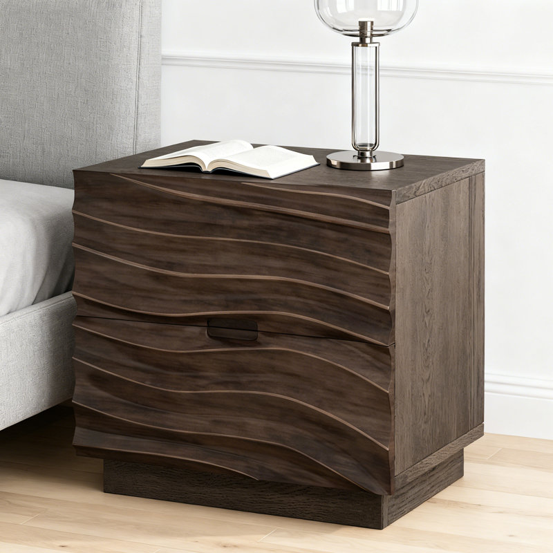 Solid Wood Nightstand With 2 Drawers, Handle-Free Bedside Table For Bedroom Or Living Room, Brown, Individual
