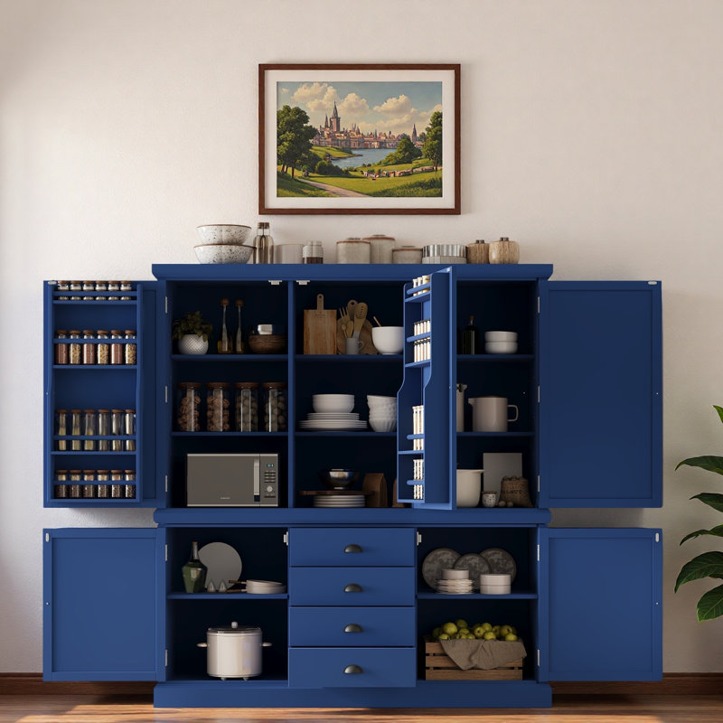 Garde-manger autoportant en bois avec armoires, tablettes de porte, tablettes réglables et tiroirs, Bleu