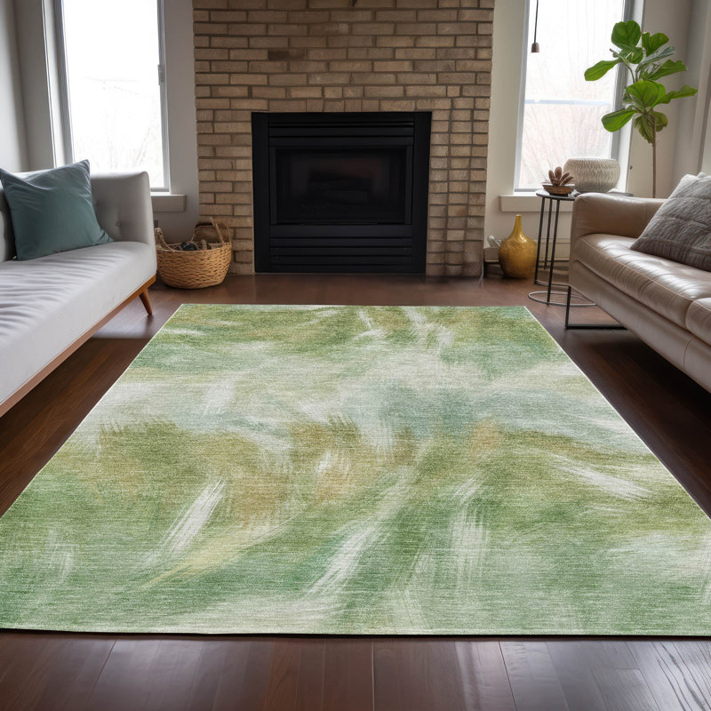 Machine Washable Indoor/Outdoor Xhevrie Green Rug, Rectangle 9' x 12'