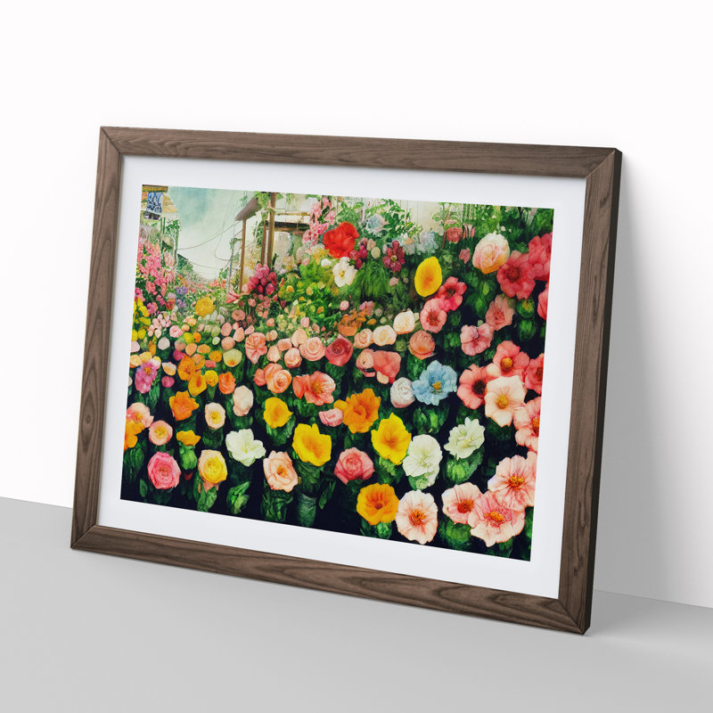 Flower Market - Single Picture Frame Print, 46cm H x 64cm W x 2cm D, Walnut