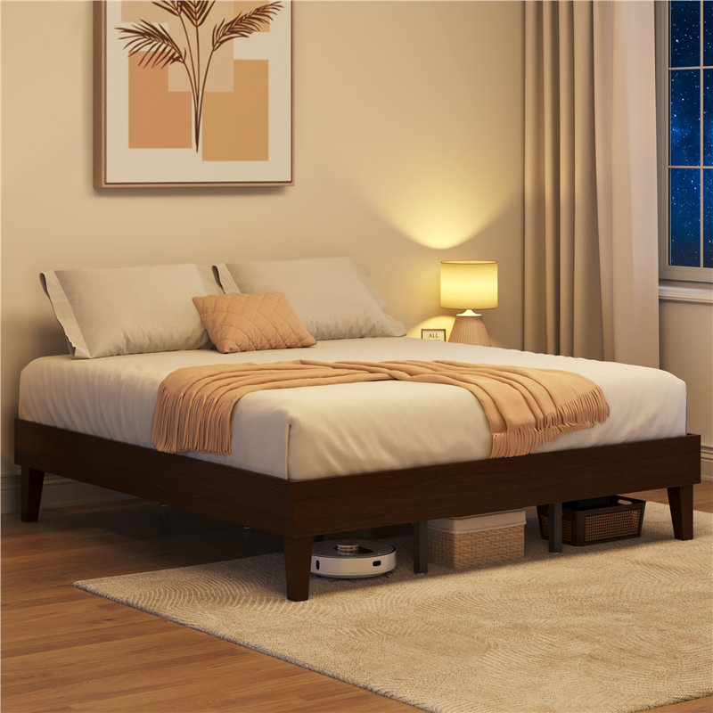 Multi-sized Wooden Platform Bed Frame with Sturdy Slat Support, Dark Walnut, King