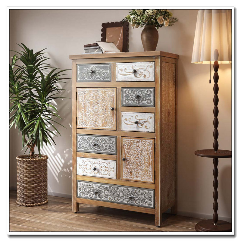 Commode décorative avec 6 tiroirs et 2 portes, coffre de rangement sculpté multicolore rustique