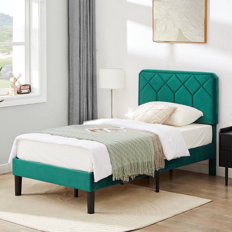 Aldora (Set of 2) Green Twin Size Upholstered Platform Bed Frame with Adjustable Headboard, No Box Spring Needed, Green