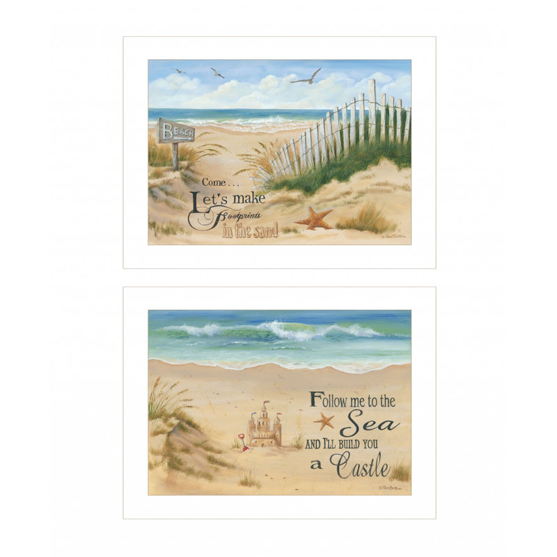 Ensemble de deux châteaux de sable et empreintes de pas, art mural