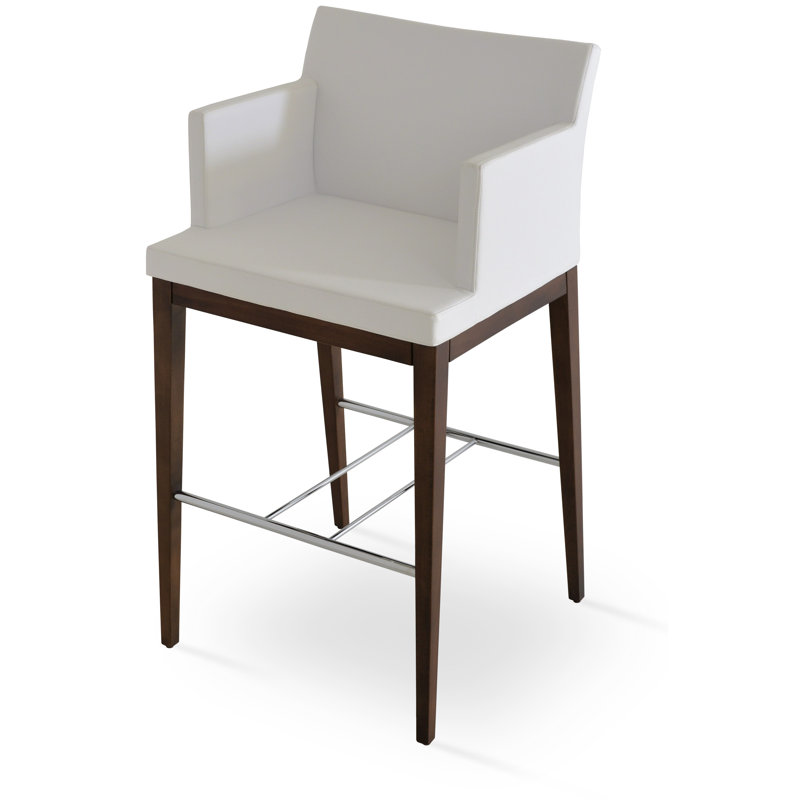 Tabouret de bar et de comptoir Soho, Noyer, Cuirette - Blanc, Tabouret de comptoir (siège d'une hauteur de 24,5