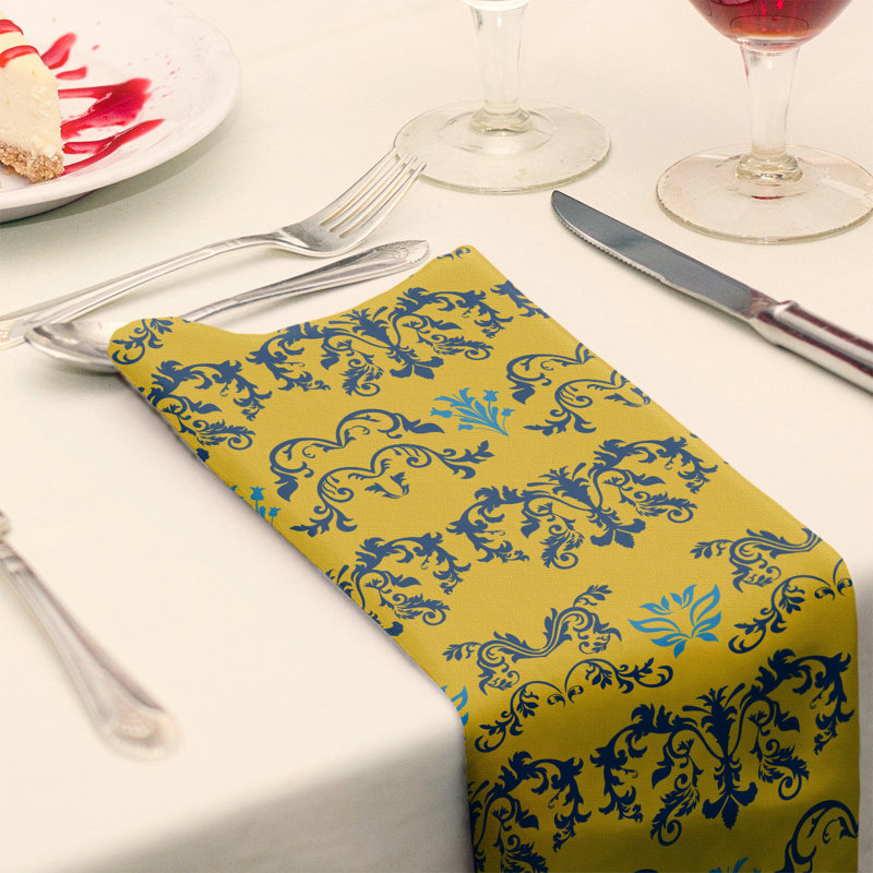Damask Square Napkin, Navy Blue/Gold/Powder Blue, Cotton, 10" W x 10" L