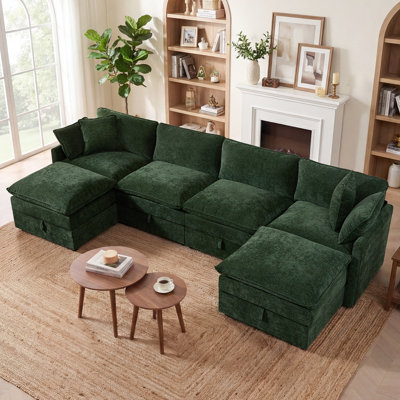George 135" Modern 6 Seat Upholstered Chenille U Shaped Sectional Sofa with Storage Seats