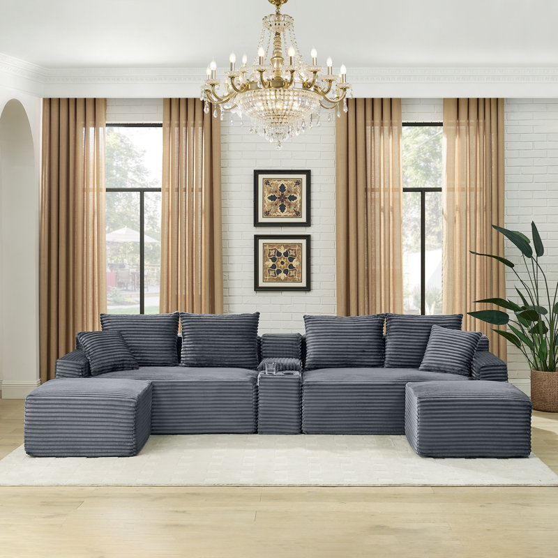 Canapé modulaire en velours côtelé avec console de rangement et USB sans assemblage, Gris