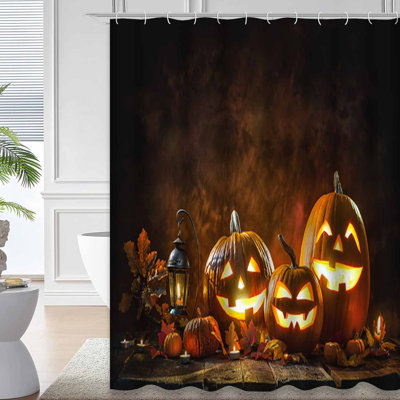 Halloween Pumpkin Head Jack Lantern Blue Shower Curtain with 12 Hooks