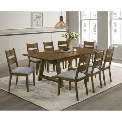 Ensemble de salle à manger 9 pièces : table à rallonge de 40 cm, chaises rembourrées, bois massif, fini chaleureux, mobilier en bois brun.