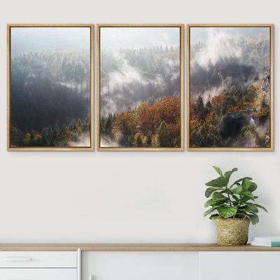 Misty Forest Landscape " IDEA4WALL 3 Piece Framed Canvas Wall Art Foggy Forest Mountains In Mist Canvas Prints Home Artwork Decoration For Living Room,Bedroom " 3 - Pieces