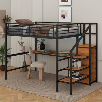 Full Size Metal Loft Bed With Desk, Storage Staircase,Small Wardrobe And LED Light