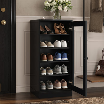 100% Solid Wood Narrow Glass Door Shoe Storage Cabinet with Adjustable Shelves, Space Saving Stackable Organizer, 16.5" W x 35.75" H