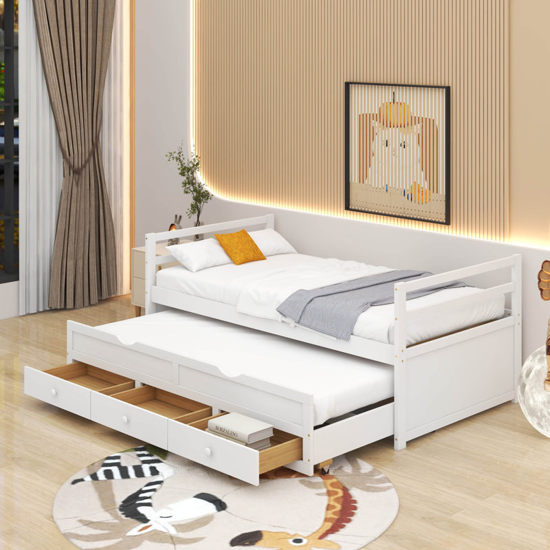Twin Size Bed Guest Bed With Trundle And 3 Storage Drawers, Platform Bed With Headboard & Footboard, White