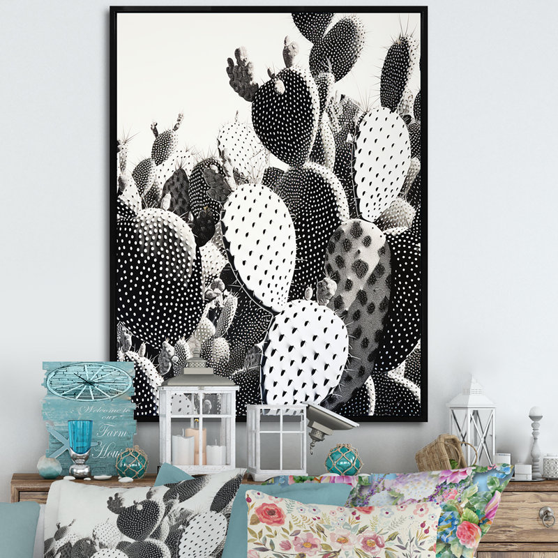 «Black White Minimalisme Cactus I» sur toile, Cadre flottant noir, H 44 po x l 34 po x P 1,5 po
