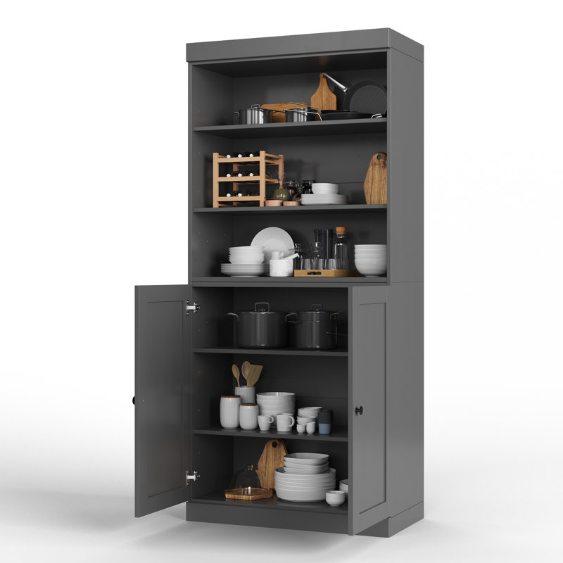 Armoire de cuisine 100% en bois massif, grand rangement modulaire autoportant avec tablettes ouvertes et portes Shaker, tablettes réglables, l 32 po x H 71,5 po