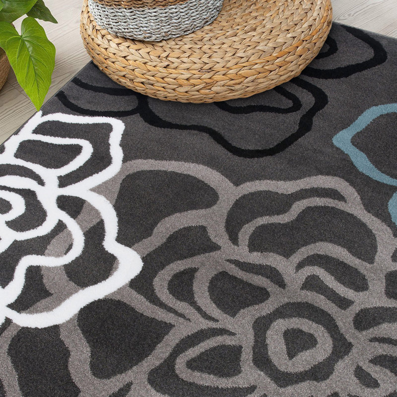 Carius Performance Floral Gray/Blue/Black/White Area Rug – Modern Floral Design, Living Room, Bedroom, Dining Room, Durable & Easy to Clean Carpet