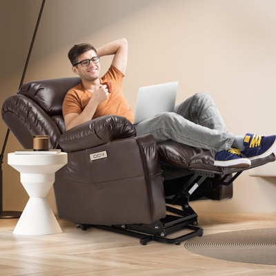 40'' Wide Heat Power Lift Recliner Leather Massage Sofa, Chair With Cup Holders, USB & Type-C Ports, Remote Control