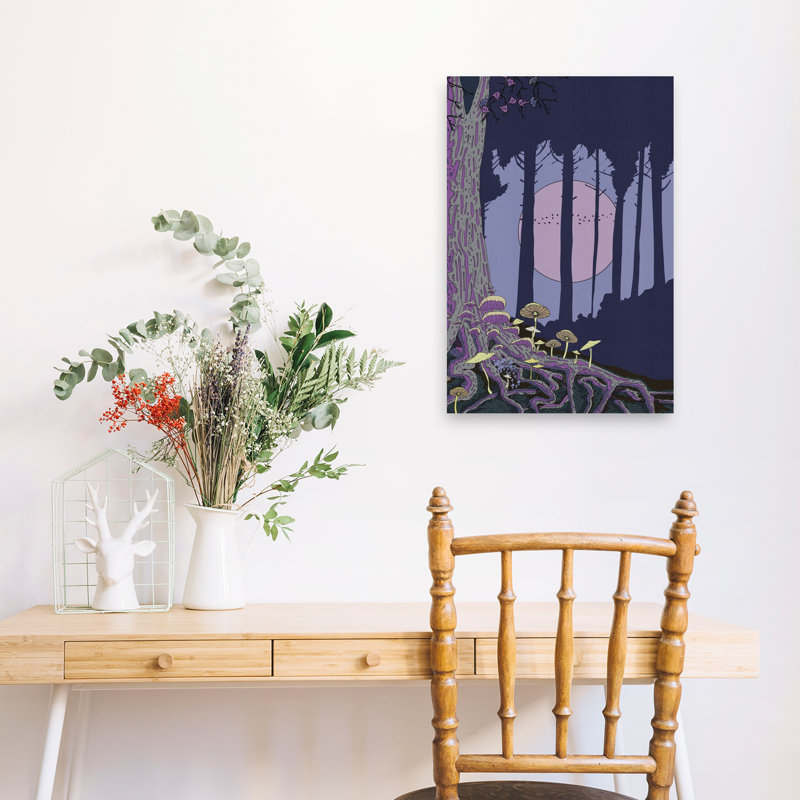 Forêt enchantée, lune, rêve, mystérieux oiseau, forêt, art mural, 24" H x 16" W