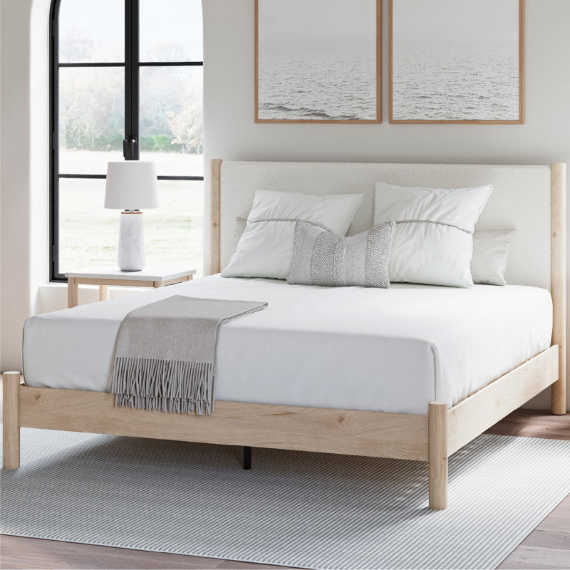 Très grand lit à panneau tapissier Ciaran, Beige / Blanc, Très grand lit