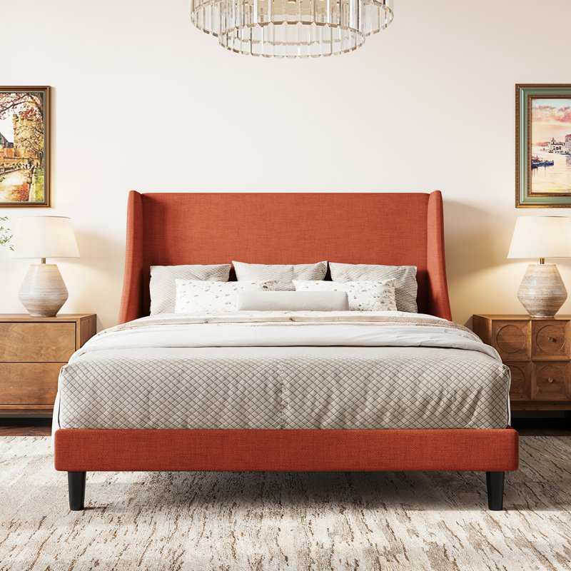 Bowdoin Modern Linen Upholstered Wingback Platform Bed with Wooden Slats, Full, Burnt Orange