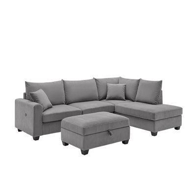Sperling 107"W Dark Gray Corduroy Fabric Sectional Sofa With Right Facing Chaise, USB & USB-C Charging Port, Storage Ottoman, And Pillows