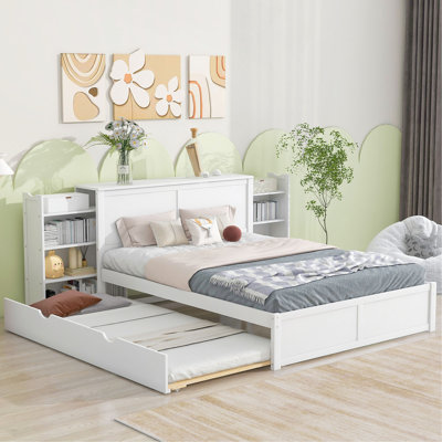 Grand lit plateforme avec rangement et tablettes gigognes TG, blanc