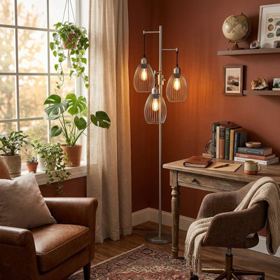 Industrial Tree Floor Lamp with Teardrop Cage & 3 LED Bulbs Included