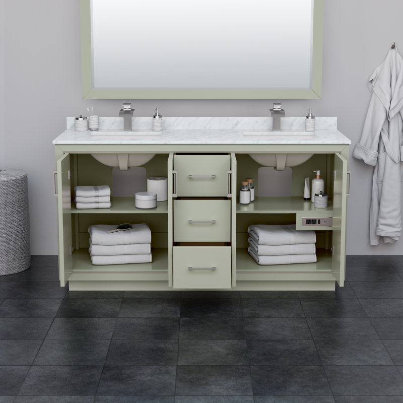 Icon 72" Double Bathroom Vanity Set, Brushed Nickel, White, 66"