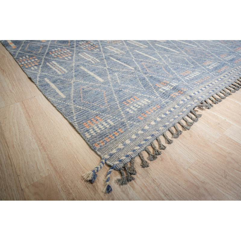 Blue Hand-Knotted Wool Linear Diamond Grid Geometric Modern Contemporary Carpet Rug, 8' X 11'