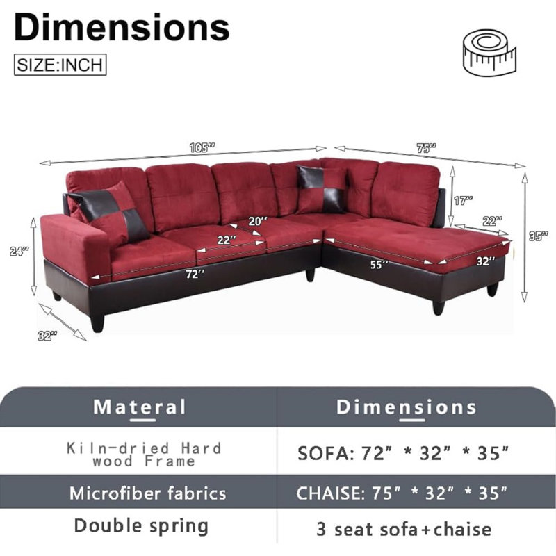 Lemley Upholstered L-Shaped Sectional, Red Faux Leather, Right Hand Facing