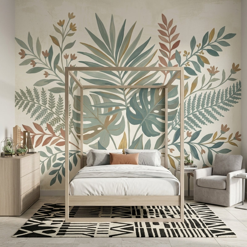 Murale de feuilles tropicales, 120 po x 96 po, Peler et coller