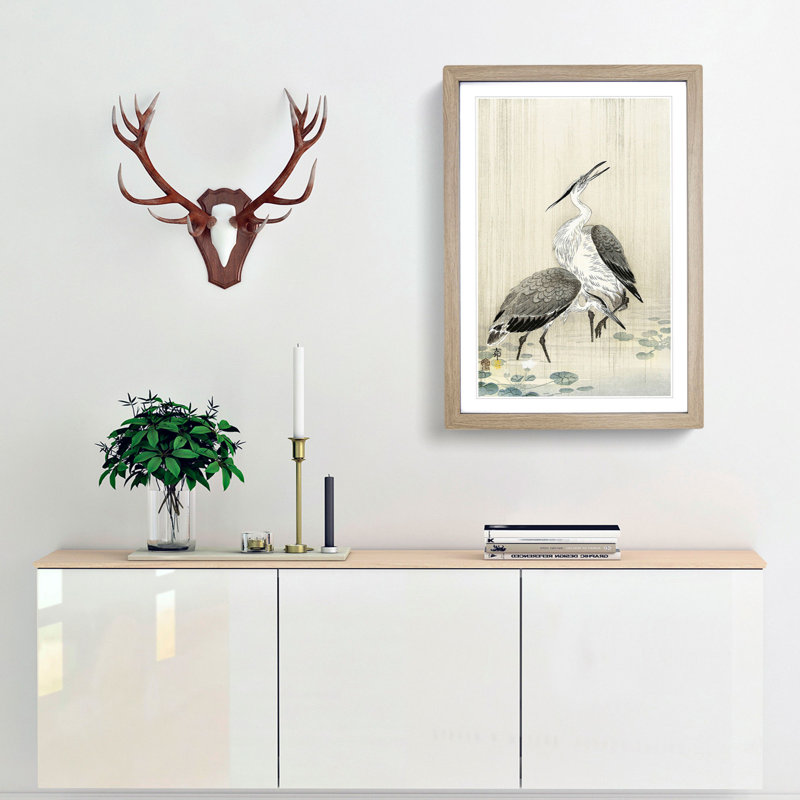 Two Herons in the Rain by Ohara Koson - Framed Print, 48cm H x 36cm W x 2cm D, Oak Framed